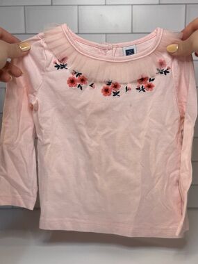 Janie and Jack Pink Long-Sleeve Top with Coral Floral Embroidery